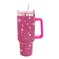 Pink rhinestone cow print 40oz stainless steel tumbler with handle and straw - 1200ml (40oz) / Rose Red
