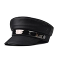 Black PU leather newsboy cap with crocodile pattern and metallic M letter accent - Black