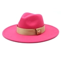 Detail of rose red wool felt fedora featuring gold ribbon and bee metal buckle - M (56-58cm) / Rose Red