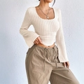 Elegant cream knit top with square neckline and flared long sleeves for women - S / Beige