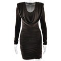 Detail view of black cowl neck dress featuring slim fit long sleeves and ruched texture - S / Coffee