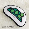 Pea-shaped pet plush pillow with 25.7x42cm size markings on white faux fur carpet - Vegetable Pillow / Pea Pod