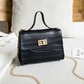 Classic black crocodile pattern handbag with gold chain strap and metallic clasp - Black