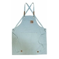 Cross-back light blue canvas work apron with brown leather straps and dual front pockets - Light Blue