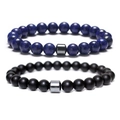 Set of two vintage beaded bracelets with blue lapis and matte black stones with metallic accents - 2 Pcs Set - Magnetic Clasp / Blue Lapis Lazuli / Black Matte Agate