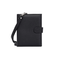 Slim black lychee leather passport wallet with snap closure and matching shoulder strap - Black