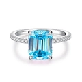 Emerald cut aquamarine silver ring with halo diamonds and platinum plated finish - Blue Rhinestone