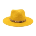 Yellow straw fedora sun hat with ethnic style beaded band and metal chain detail - Yellow