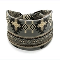 Wide elastic yoga headband with grey African tribal geometric patterns and knot detail - Style 119