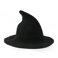 Knitted black witch hat with a pointed top and wide brim for Halloween cosplay - Black