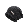 Dark grey cable-knit slouchy beanie with a brown leather JOYLORD label for winter - Black