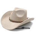 Beige suede cowboy hat with vintage brown leather band and adjustable wind rope - Beige