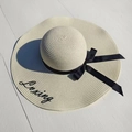 Beige wide brim straw hat with black ribbon bow and Loving embroidery for women - M (56-58cm) / Milk White (Loving Embroidery)