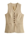 Dettaglio frontale del gilet lungo kaki con scollo a V, sei bottoni e tasche decorative - S / Top Cachi Chiaro