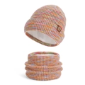 Rainbow knit hat and neck warmer set with thick white fleece lining and leather tag - Multicolor / 2-Piece Set (Hat + Scarf)