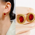 Pendientes ovalados de estilo vintage con piedras rojo rubí y borde dorado trenzado - Estilo Ovalado Retorcido Rojo (Estilo 3 Rojo)