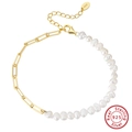 S925 sterling silver paperclip chain bracelet with natural baroque pearls in gold finish - Gold Paperclip Pearl Style (GPB01)