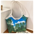 Artistic oil painting canvas tote bag on wooden surface with scenic landscape print - Style 9 (Forest Landscape)