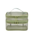 Green double-layer mesh toiletry bag with zipper and handle for travel organization - Double Layer / Grass Green