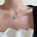 Minimalist S925 sterling silver necklace with an oval light blue gemstone pendant - 925 Silver / [A451] Snake Chain Sea Blue