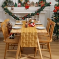 Mustard yellow Christmas table runner with 3D tree pattern on a wooden table - 33*93cm / Turmeric