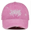 Pink distressed cotton baseball cap with white gothic embroidery in a vintage outdoor style - Pink
