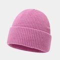 Close-up of pink rib-knit beanie showing soft elastic texture and wide cuffed brim - One Size / Violet Pink