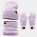 Detail of lavender knit set showing leather snowflake patches and touchscreen fingertips - Light Purple