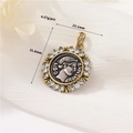 Antique gold coin pendant with silver portrait relief and zircons, size 23x31mm - Bronze Portrait Rhinestone Coin Pendant (H-11872)