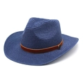 Détail du chapeau en paille bleu foncé avec ruban en velours marron et boucle M - M(56-58cm) / Bleu marine