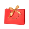 Elegant red paper gift bag with golden rope handles and decorative ribbon bow - Bright Red; Horizontal Extra Small Size 19*15*7 Ribbon Style