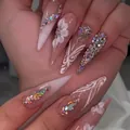 Elegant white gradient long stiletto fake nails with 3D flowers and rhinestones, 24 count - Bz1579 Shines Brightly / Glue Type