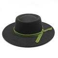 Detail of wool felt boater hat with olive green velvet ribbon and hanging tie - Black
