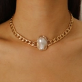 Baroque pearl pendant on gold Cuban link chain necklace for women in vintage style - Gold Baroque Pearl Cuban Chain Necklace (S117)