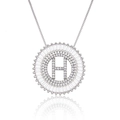 Silver tone round letter H necklace with sparkling baguette and round zircon accents - Silver/Letter H
