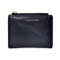Minimalist black leather folded wallet with geometric stitching and gold star logo - Black