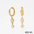 Golden stainless steel hoop earrings featuring elegant dangling double cubic zirconia drops - Double Zircon Round Ball Style (KD3145) / Gold