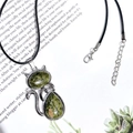 Cat-shaped alloy necklace with green unakite stones and black cord for women - With Leather Cord / Unakite