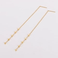 Detail of gold stainless steel tassel chain earrings with multiple square beads on white - Gold