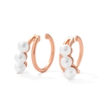Rose gold double hoop ear cuffs with three white pearls on a clean white background - Pearl Double Loop Ear Cuffs - Rose Gold (EP5617)