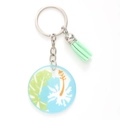 Acrylic flower keychain with blue hibiscus design and green tassel on silver ring - Tropical Blue Floral Pattern (20474)