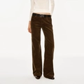 Pantalones de pana marrón oscuro de pierna ancha con cinturón negro decorativo para mujer - XS / Verde Musgo