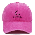 Close-up of pink washed cotton baseball cap with LOADING embroidery and vintage worn texture - Adjustable / Rose Red