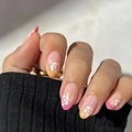 Unghie finte French con fiori di ibisco rosa e arancione su forma a mandorla - Tipo di Colla / Fiore Francese Rosa Arancio (Y-215)