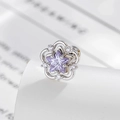 Sparkling purple star zircon ear stud with silver floral frame and clear stones - Purple (Single Piece)