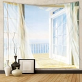 Detail of bohemian wall tapestry showing a coastal balcony view with white curtains and ocean - 73X95CM / Brushed Fabric / GT111080/Beach Balcony
