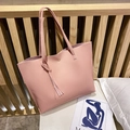 Pink lychee texture PU leather tote bag with tassel charm and large capacity straps - Pink