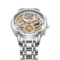 Men's skeleton quartz watch with silver steel strap and gold mechanical movement - Silver/White (Steel Strap)