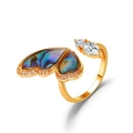 Adjustable gold butterfly ring with shell inlay and sparkling white cubic zirconia - Iridescent Butterfly Wing Style (7759) / Gold
