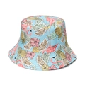 Detail shot of blue bucket hat with tropical flamingo and pineapple floral print - Light Blue Flamingo Pineapple (C)